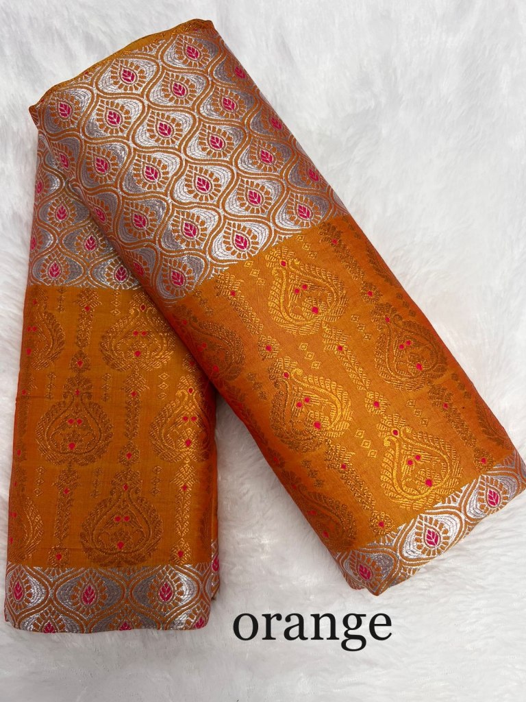 SuratBlouse Assamese Machine Weaving Mix Silk Orange Mekhela  Chador   Mekhela Sador