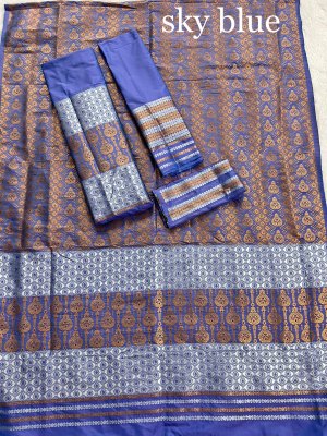 SuratBlouse Assamese Machine Weaving Mix Silk Sky Blue Mekhela  Chador   Mekhela Sador